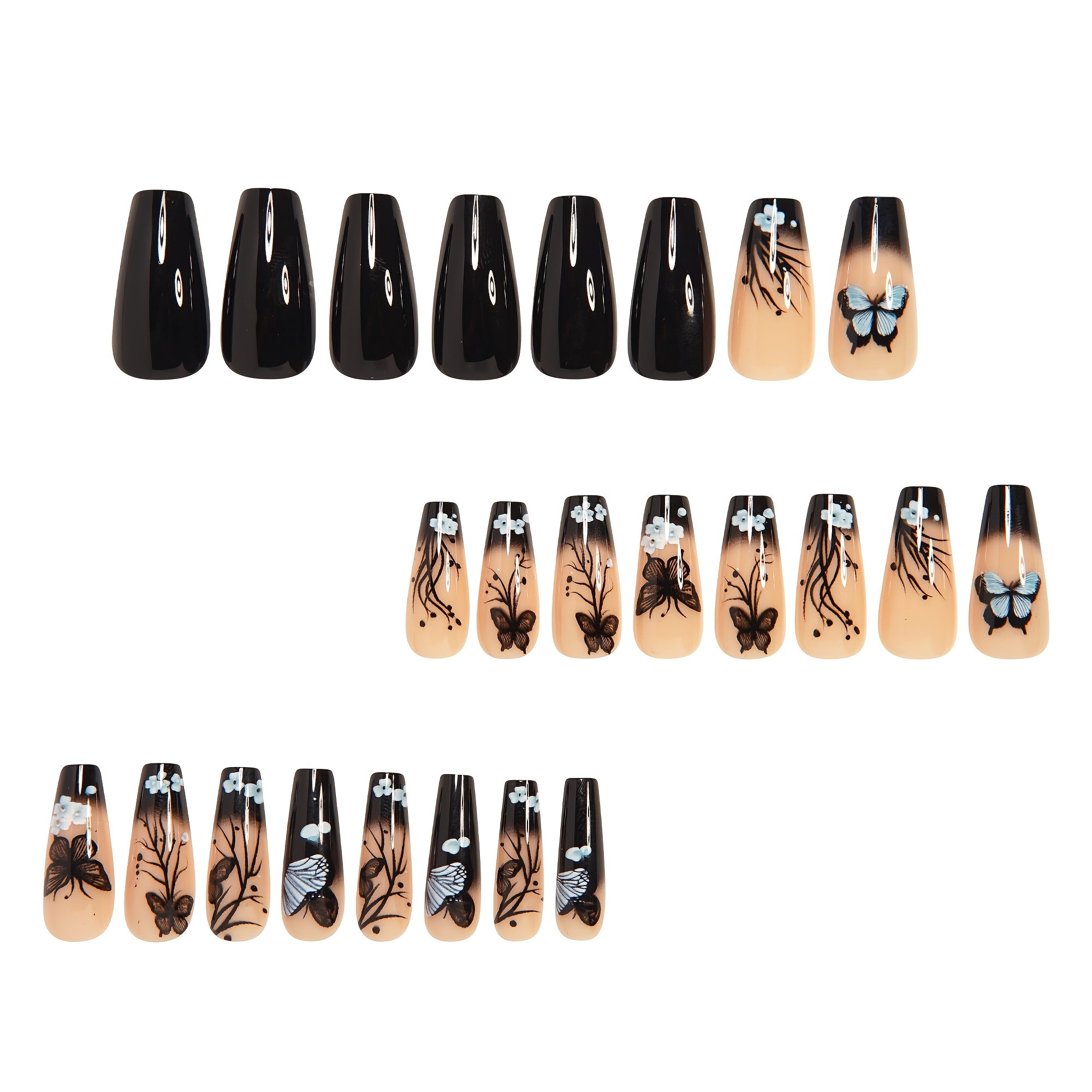 Show Your Beauty 24pcs Medium Ballet Nails Classic Retro Black Gradient Trees Flowers Butterflies Glossy French False Nails Fashionable and Versatile Wearable Nails Suitable for Women and Girls Daily Wear Removable Press-on N